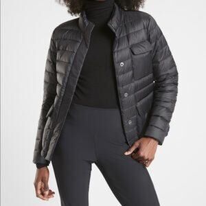 Athleta Pulse Reversible Down Puffer Jacket Coat Black Blue Small